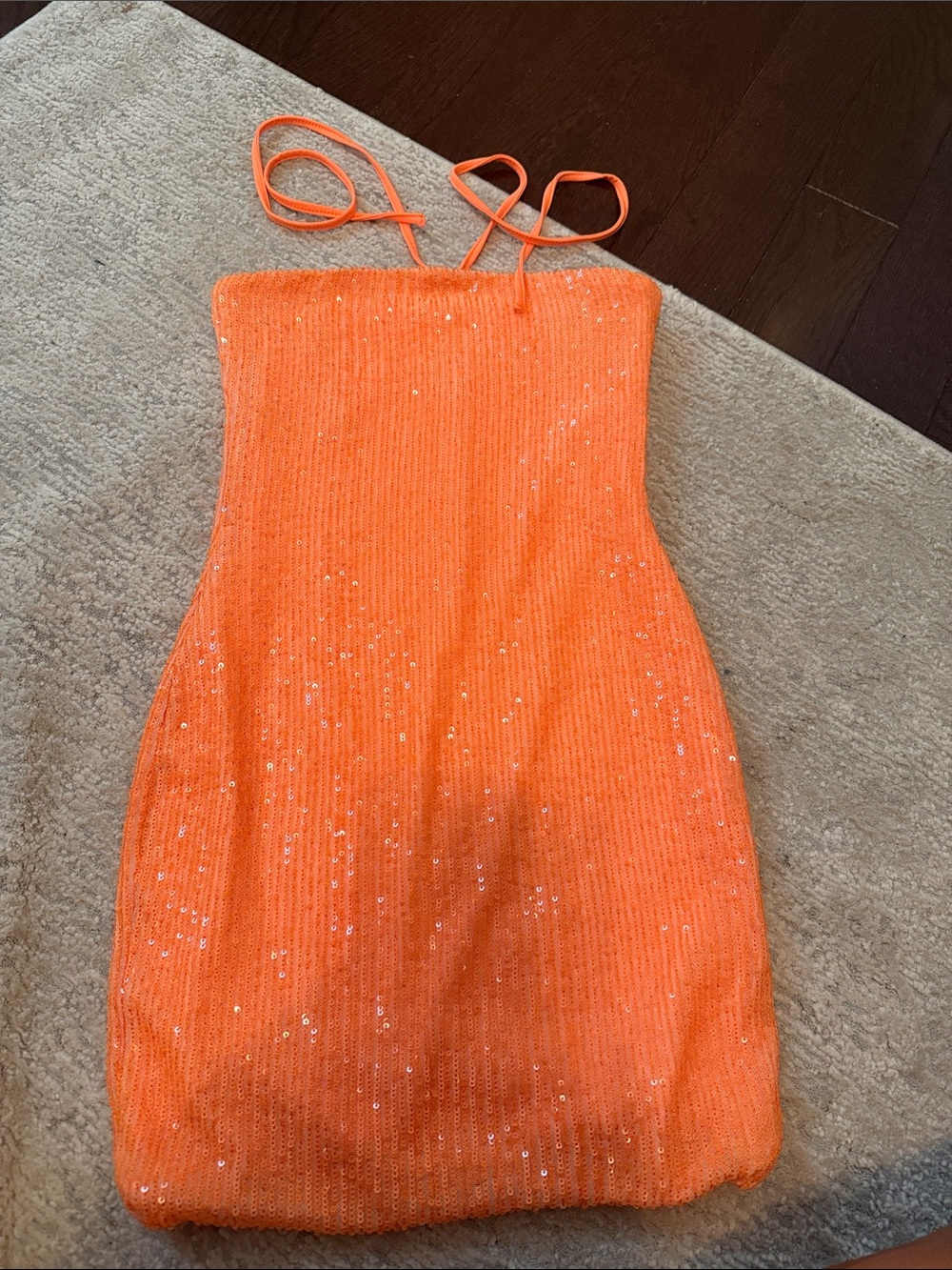 Katie J NYC Orange Sequin Strapless Mini Dress with Thin Straps